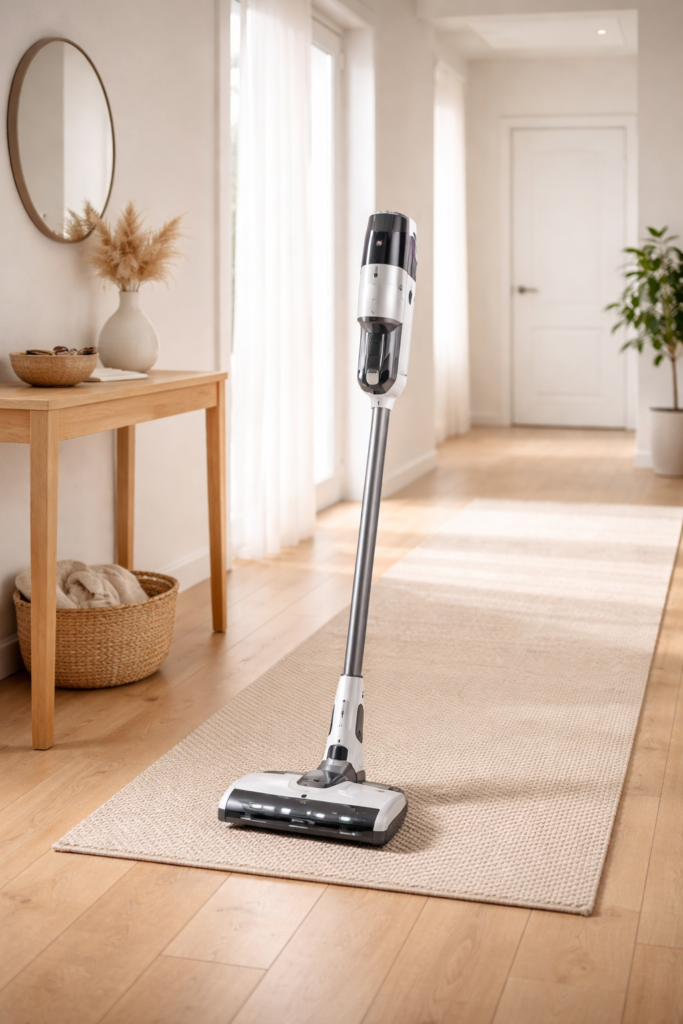 Cordless vacuum in a clean modern home hallway
