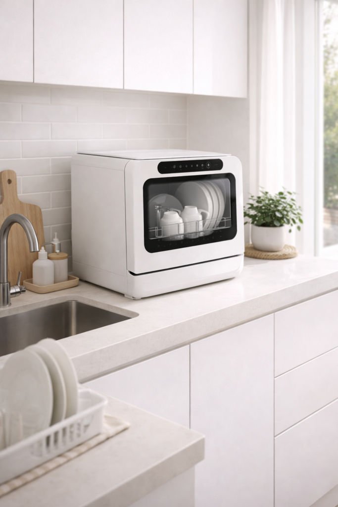 Compact countertop dishwasher in a modern kitchen