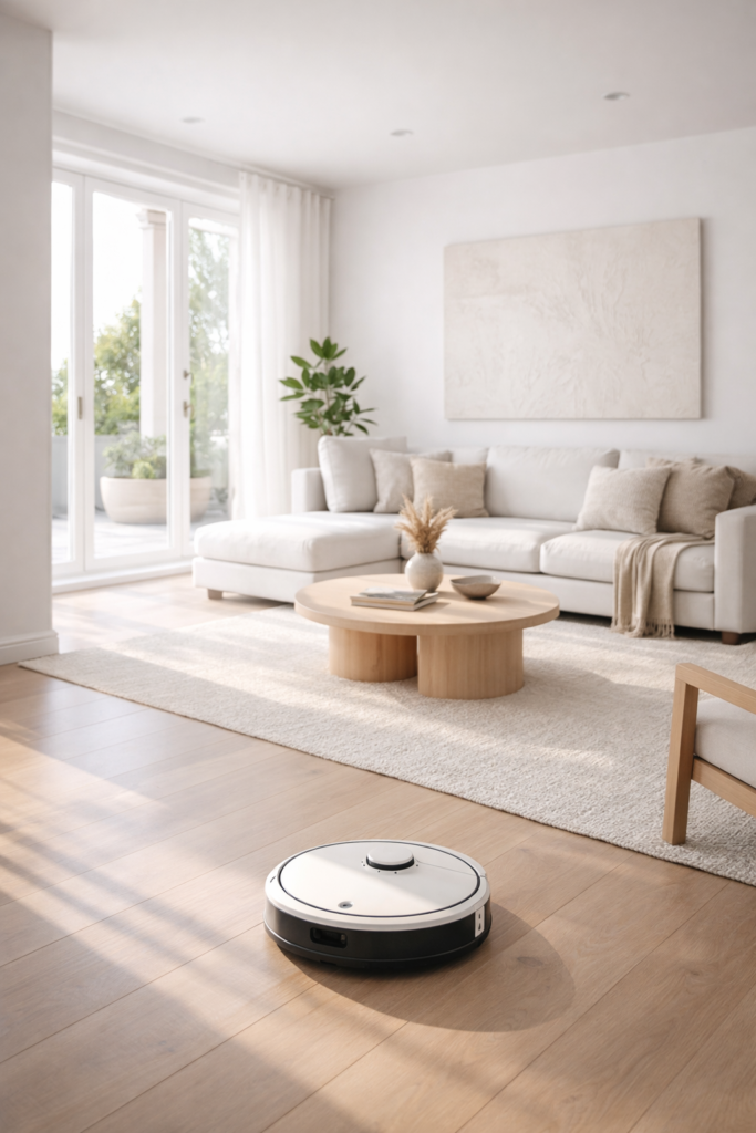 Robot vacuum cleaning a modern minimalist living room