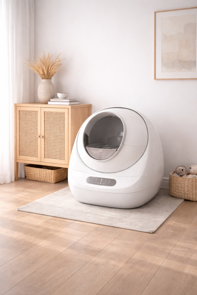 Automatic self-cleaning litter box in a clean home space