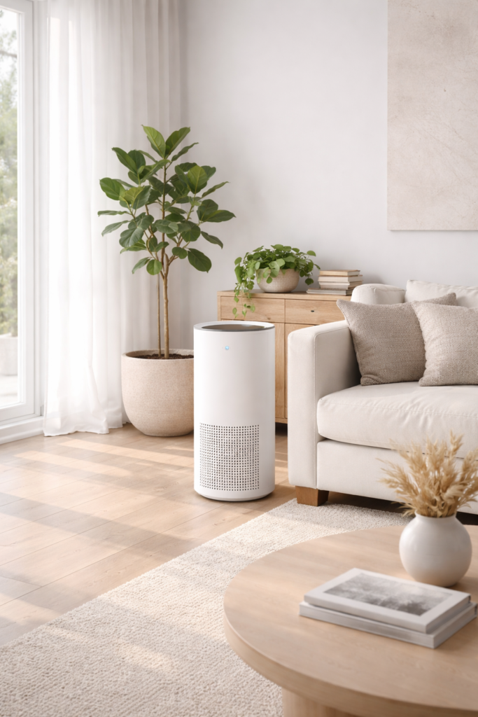 Air purifier in a clean modern living room with plants
